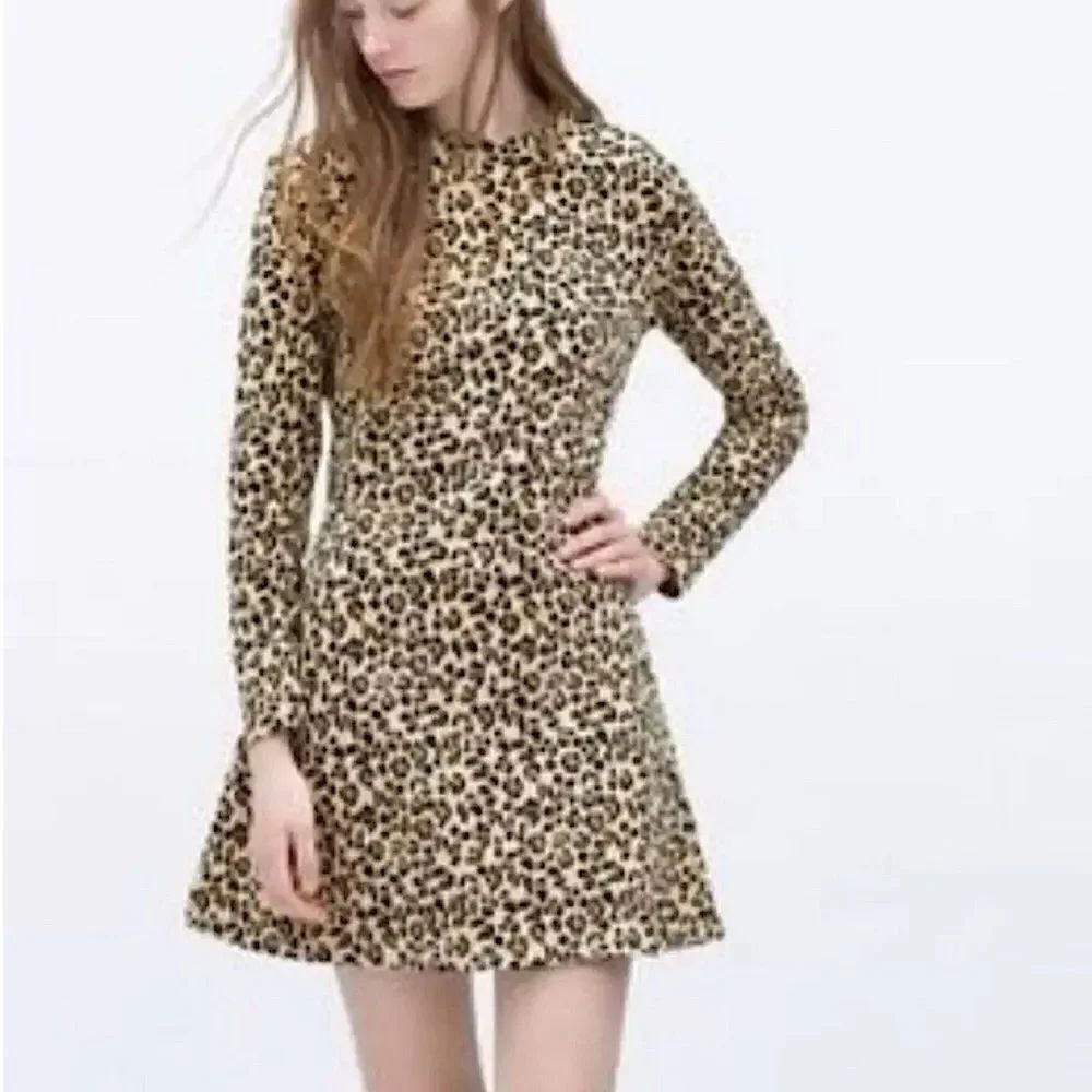 Zara cheetah animal leopard print mini long sleeve crew neck sweatshirt dress S